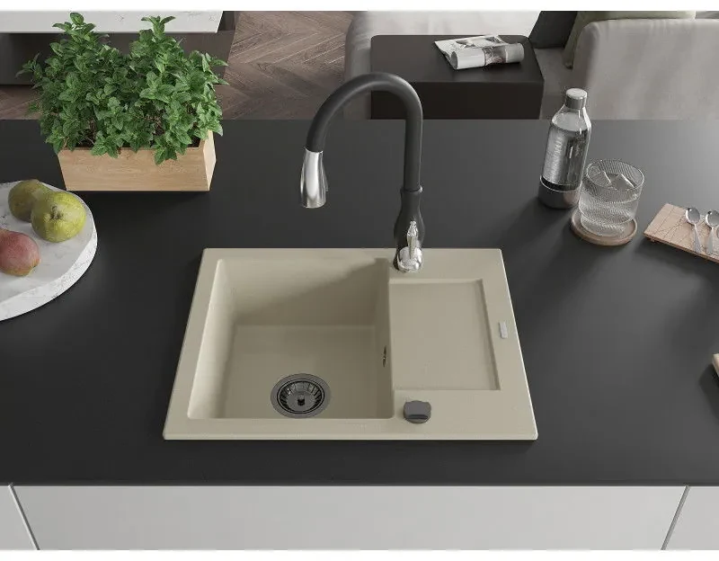 Mexen Enzo, 1-komorový granitový drez 576x465x174 mm a drezová batéria Savita, béžová, 6506-69-672601-70