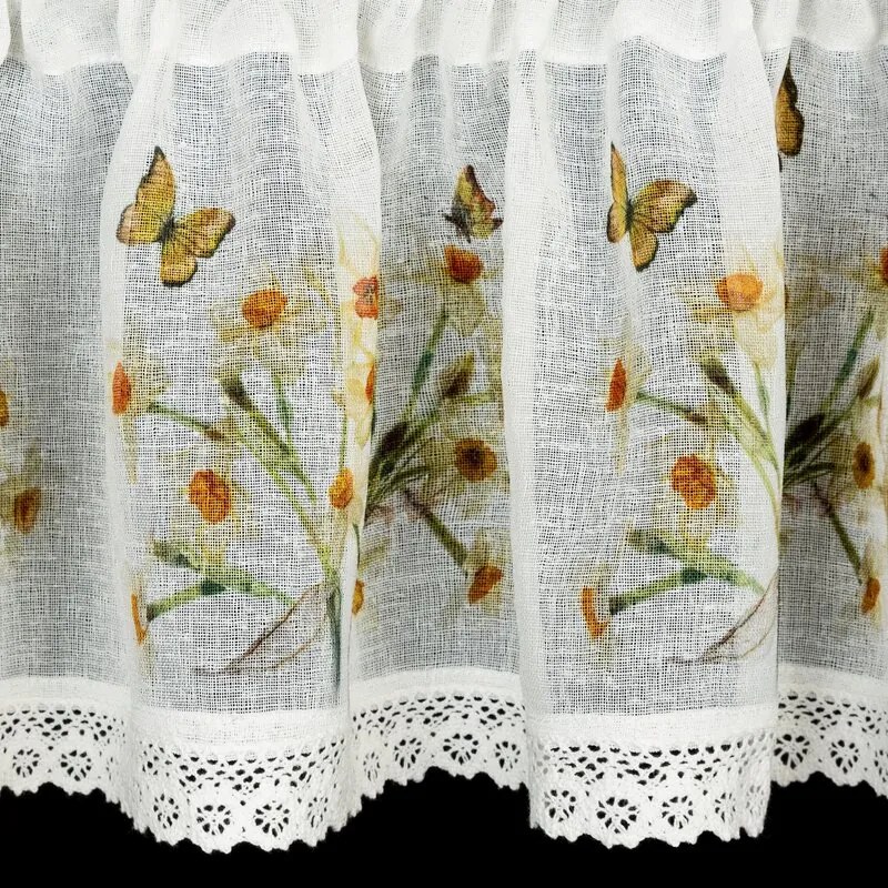 Dekorstudio Kuchynská záclonka FLORA zdobená kvetinovou potlačou a čipkou 150 x 30 cm