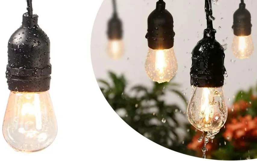 Vodeodolná svetelná dekoračná reťaz, 15 ks E27 LED žiaroviek, 14,6 m, teplá biela