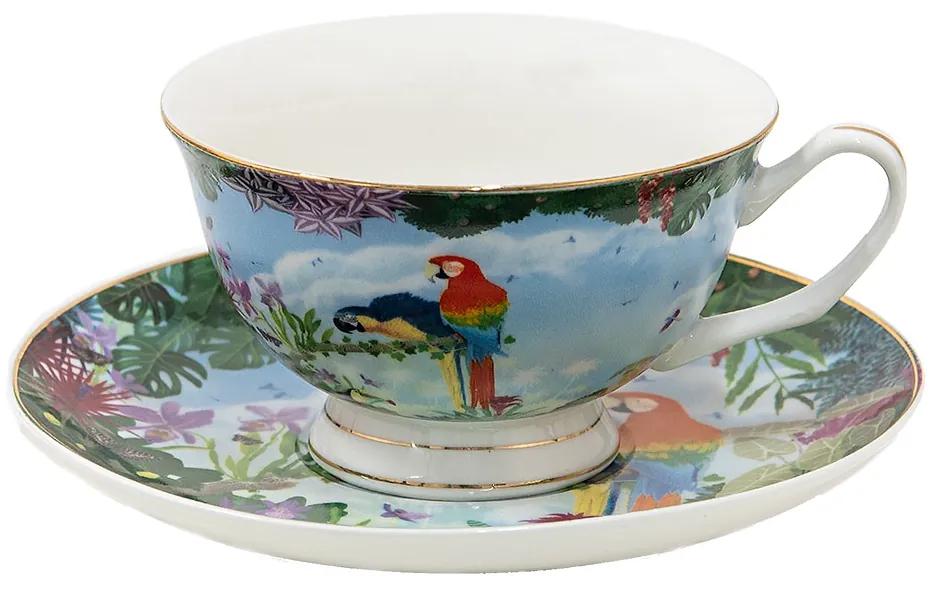 Porcelánová šálka s tanierikom s papagájmi Papagai - 12*10*6 cm / Ø 15*2 cm / 200 ml