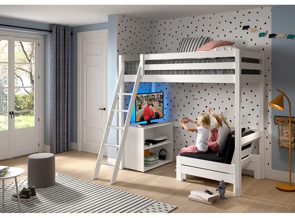 Biela vyvýšená detská posteľ z borovicového dreva s úložným priestorom 90x200 cm PINO – Vipack