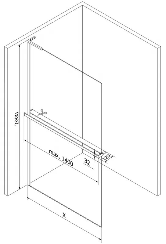 Mexen Kioto+ L, sprchová zástena Walk-In s poličkou a vešiakom 80 x 200 cm, 8mm číre sklo, zlatý lesklý profil,800-080-123-50-00