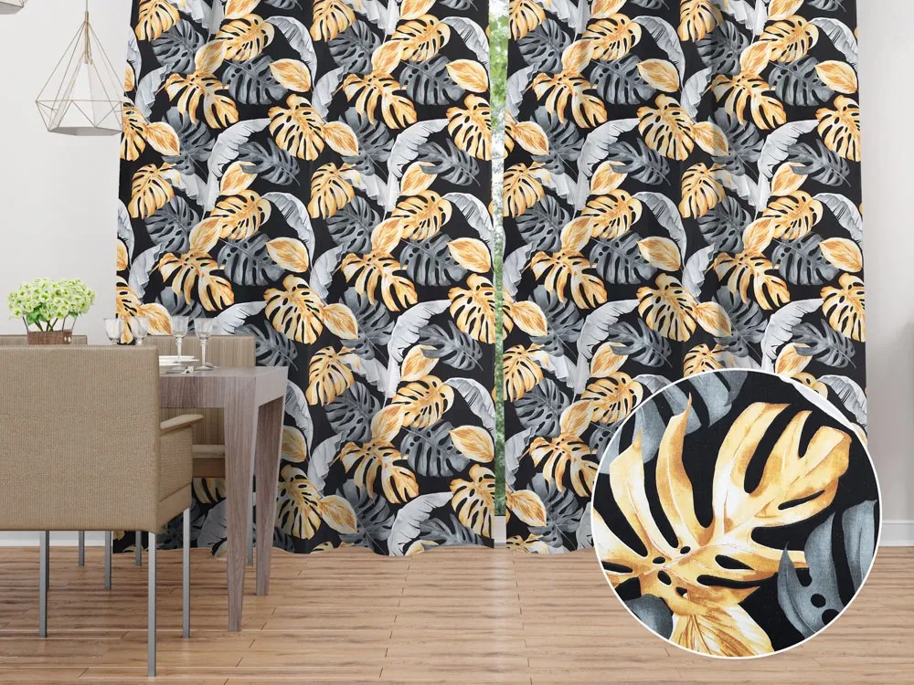 Biante Bavlnený záves Sandra SA-228 Sivé a zlaté tropické listy na čiernom 150x230 cm