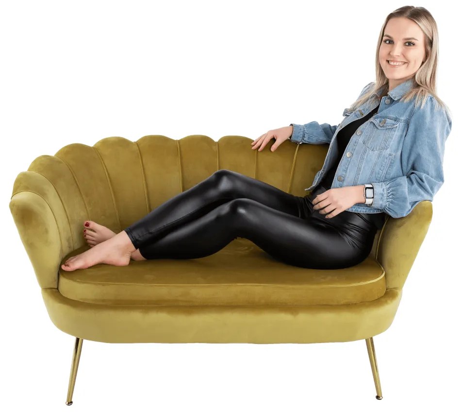 Kondela Lavica v štýle Art-deco, horčicová Velvet látka/gold chróm-zlatý, NOBLIN