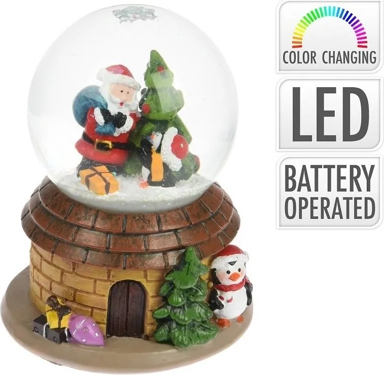LED vianočná snehová guľa Santa a penguín 6,5 cm