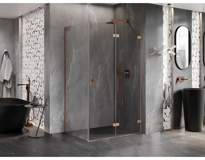 Mexen Lunar-F L, 1-krídlový sprchový kút so skladacími dverami, pravý, 100 x 90 cm, 8mm číre sklo, medený profil, 836L-100-090-65-00-P