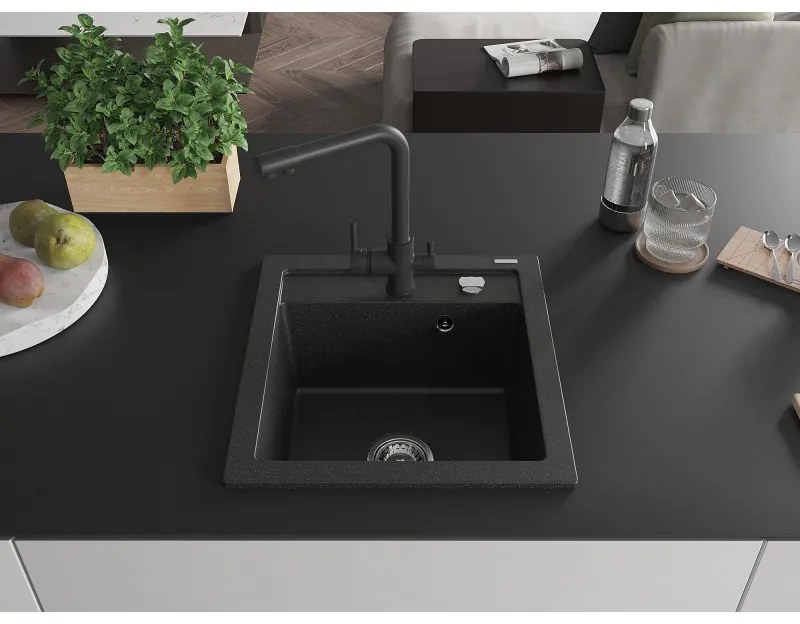 Mexen Vito, 1-komorový granitový drez 520x490x210 mm, čierna matná batéria Duero, čierna - strieborná metalíza, 6503-73-671600-70