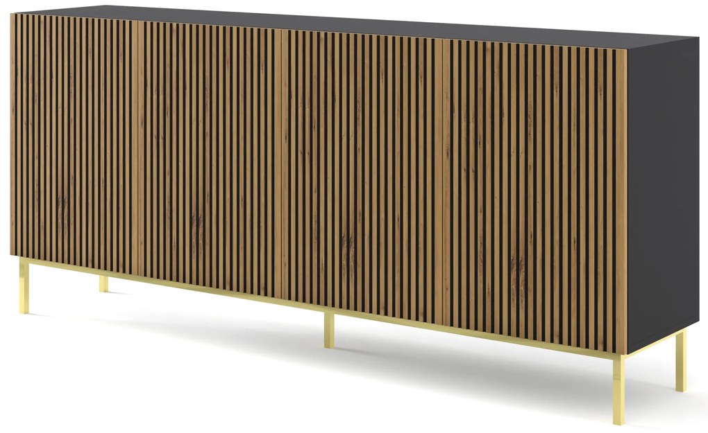 Komoda F 3D3S 200 Rowanna (čierna + dub artisan + zlatá). Akcia -20%. Vlastná spoľahlivá doprava až k Vám domov. 1125072