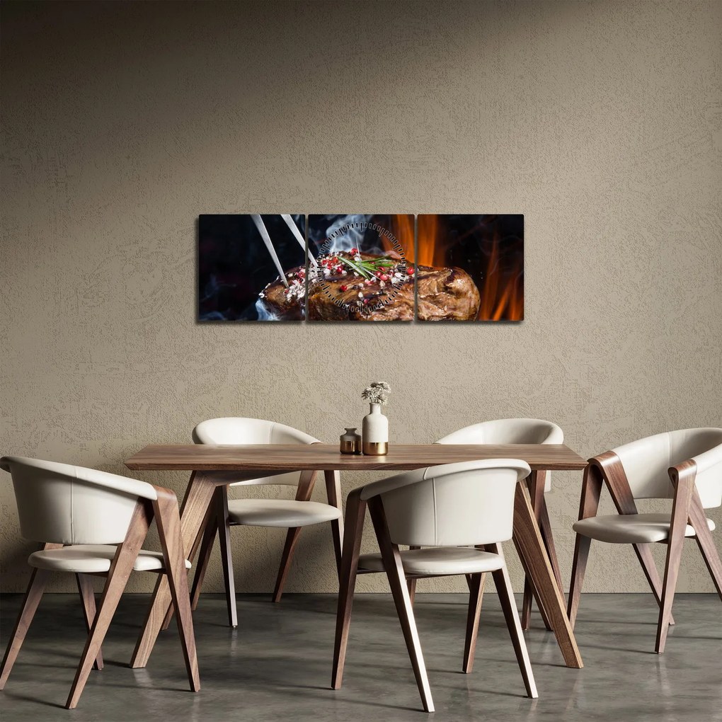Obraz steaku na grile (s hodinami) (90x30 cm)