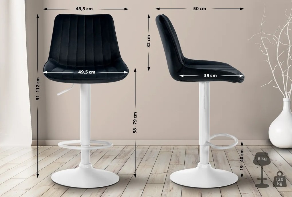2x Barová stolička Toni - zamat, biely rám Čierna