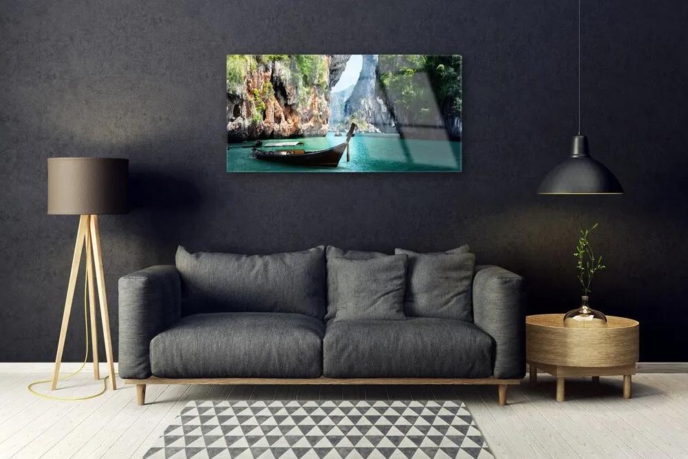 Obraz na skle Loď jazero skaly krajina 100x50 cm