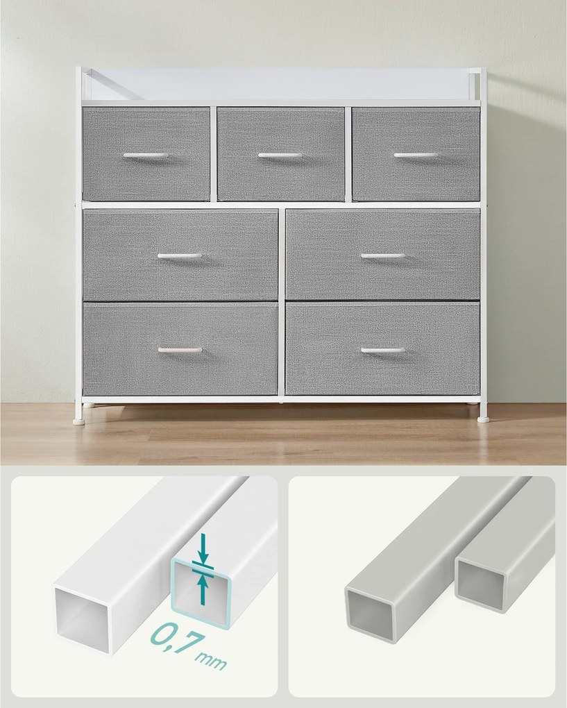 Komoda, 7 látkových zásuviek s rukoväťmi, kovový rám, sivá a biela