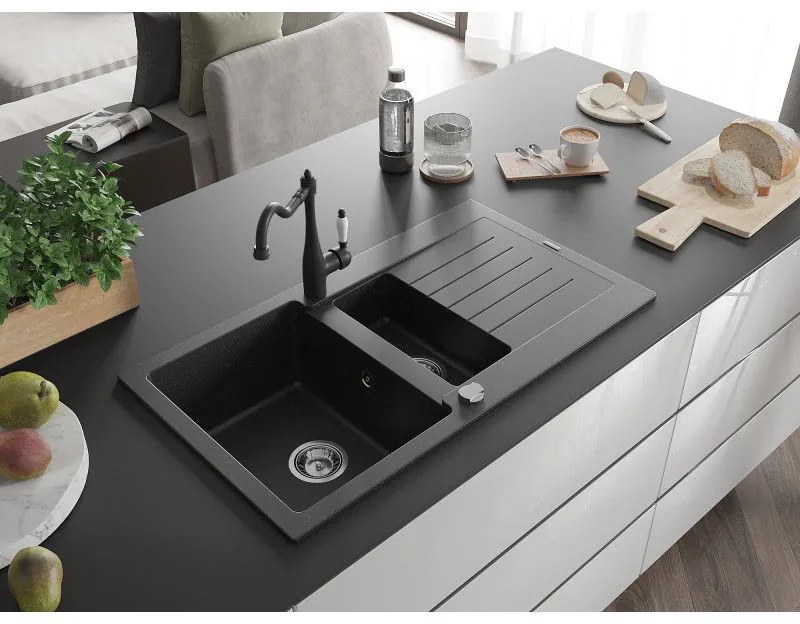 Mexen Matias, granitový drez 900x505x200 mm, 1,5-komorový a drezová batéria Carla, čierna-strieborná metalíza, 6502-73-670700-70