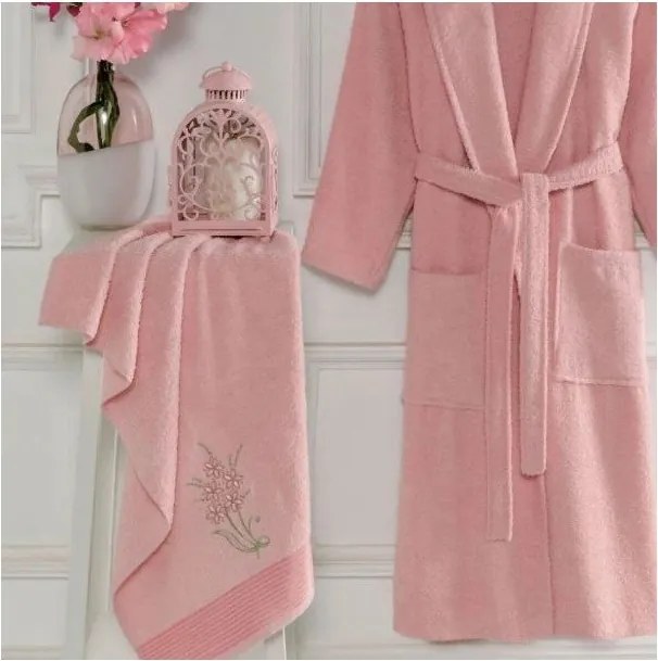 Ružový bavlnený župan a uterák v súprave veľkosť S/M – Mila Home