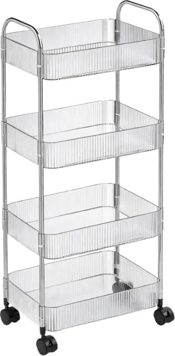 Regál na kolieskach 4 police CLARY 95x36 cm, transparentný/strieborný