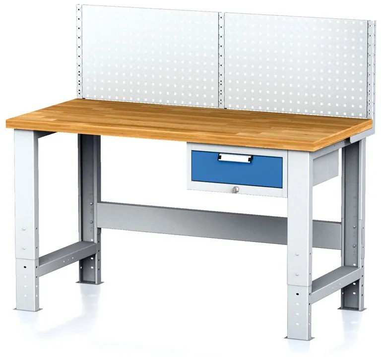 Nastaviteľný dielenský stôl MECHANIC I, závesný box na náradie, nadstavba, 1 zásuvka, 1500x685x700-1055 mm, modré