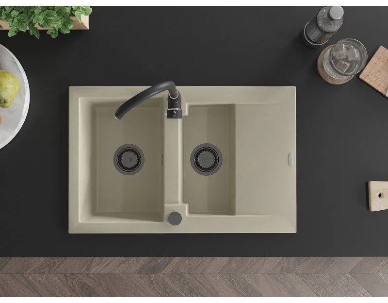 Mexen Gaspar, granitový drez 737x475x177 mm, 1,5-komorový, béžová s čiernym sifónom, 6507731505-69-B