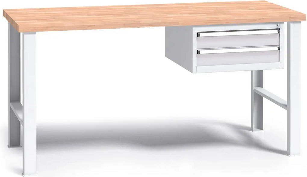 Pracovný stôl do dielne G3 so závesným boxom na náradie, buková škárovka, 2 zásuvky, pevné kovové nohy, 1500 mm, sivá