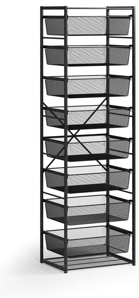 Otvorený košový regál, 8x koš s jemným sitom, TYP VIII, 600 × 460 × 2020 mm, čierna
