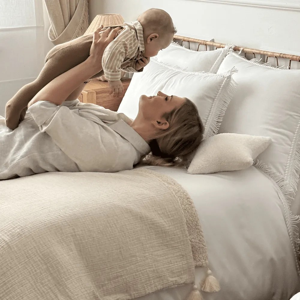 Obojstranný prehoz z mušelínu a ľanu béžová 80x100 cm