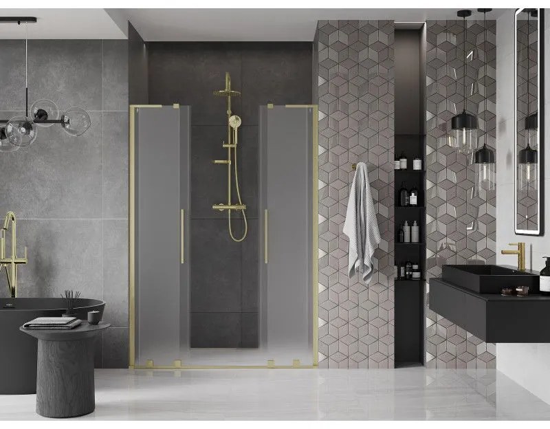 Mexen Velar L Duo, posuvné sprchové dvere do otvoru 160 cm, 8mm sklo námraza, zlatá matná, 871-160-003-32-55