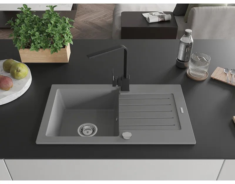 Mexen Pablo, granitový drez 752x436x161 mm, 1-komorový a čierna batéria Rita, šedá, 6510-71-670300-70