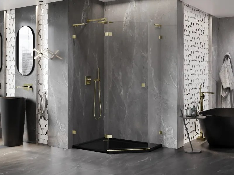 Mexen Lunar, L päťuholníkový sprchový kút naklápací doľava 100 x 90 cm, 8mm číre sklo, zlatý profil, 831L-100L-090P-50-00-L