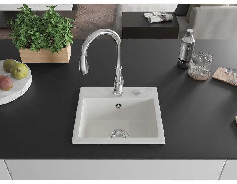 Mexen Milo, 1-komorový granitový drez 435x410x171 mm a drezová batéria Savita, biela, 6505-20-672601-00