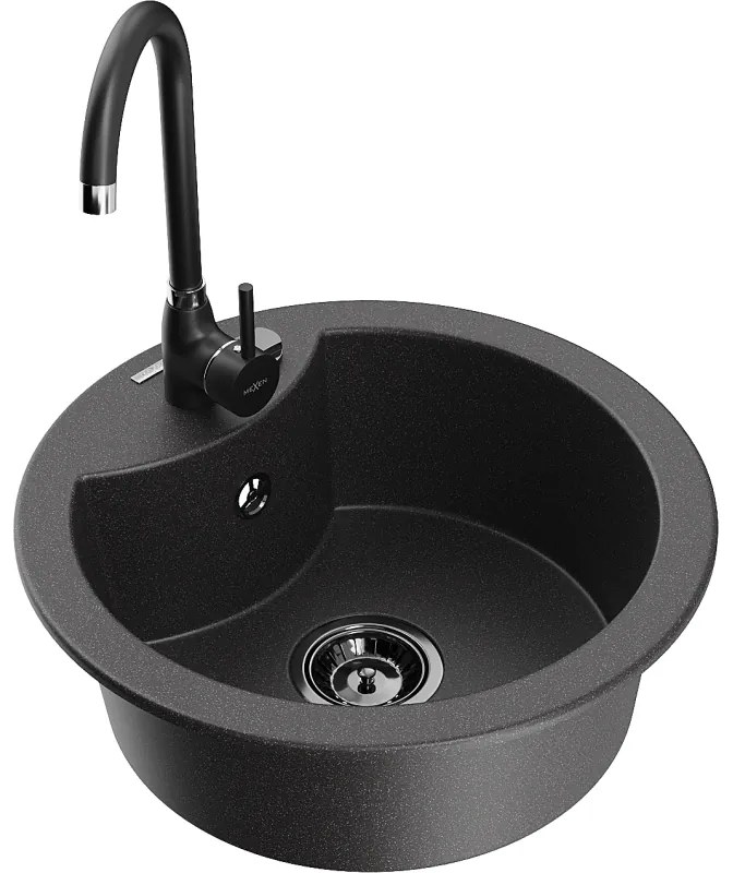 Mexen Diego, 1-komorový granitový drez 488x488x167 mm, čierny sifón, čierna matná batéria Telma, čierna škvrnitá, 6512-76-670200-70-B