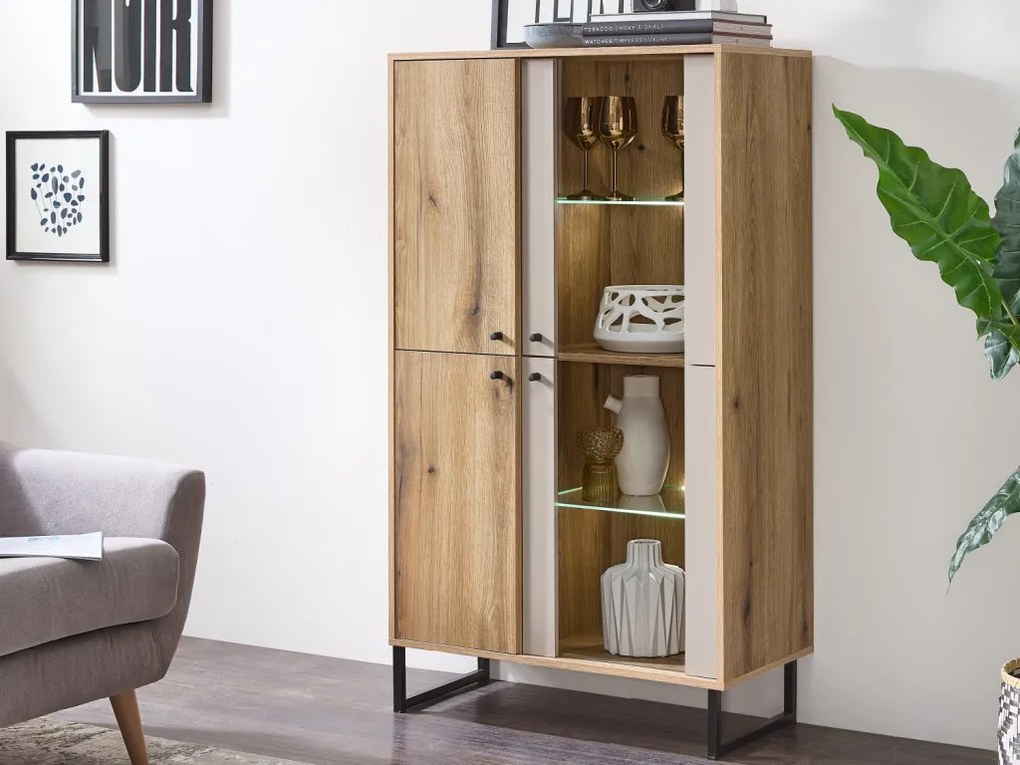 Vitrínová skrinka Cube, dub evoke / pieskovo šedá, s osvetlením