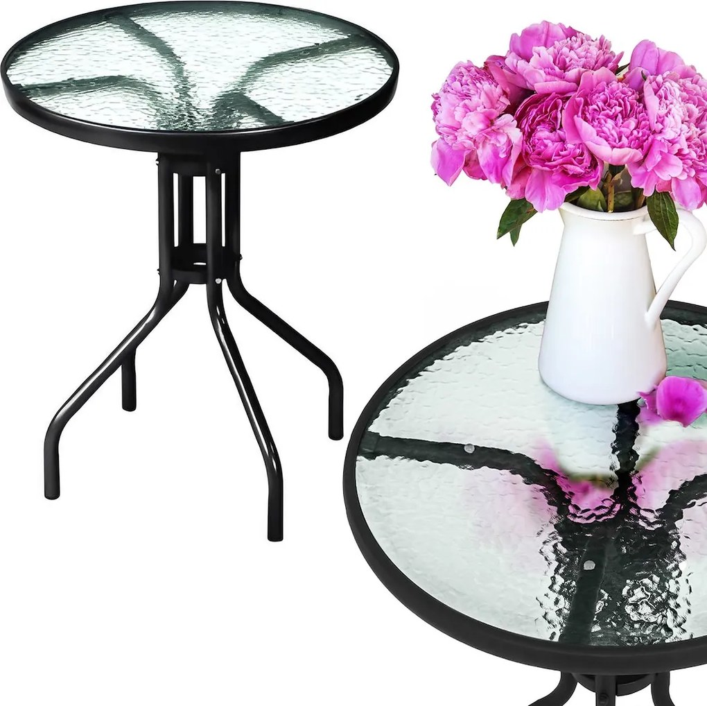 JU Stôl s priemerom 60 cm so sklenenou doskou – čierny podstavec BISTRO