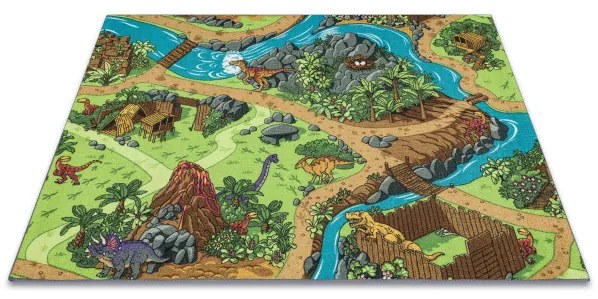 Detský koberec REBEL ROADS Dino World 29 Dinosaury, protišmykový - sivý / zelený