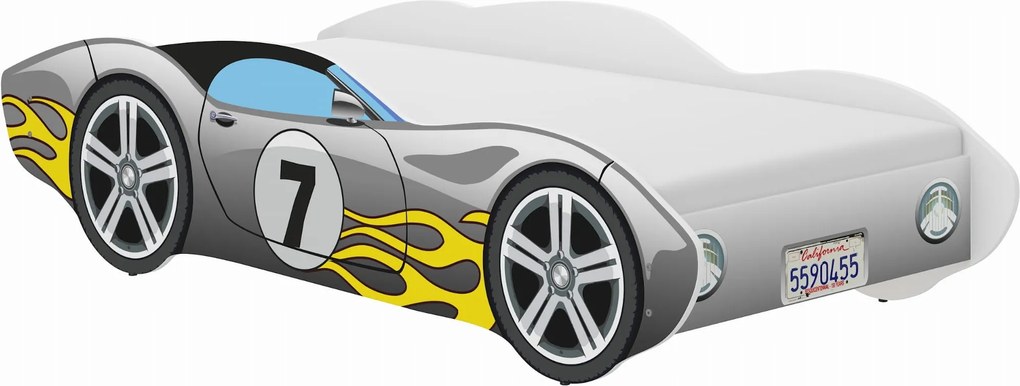 Wooden Toys Detská posteľ Autko CORVETTA 140x70 ŠEDÁ s plameňom