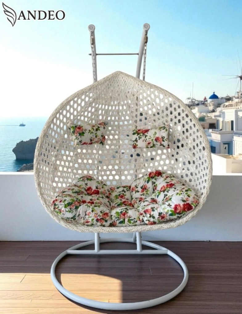 Závesné hojdacie dvojkreslo FIORI EXTRA nosnosť 250kg - biele s kvetovanými vankúšmi