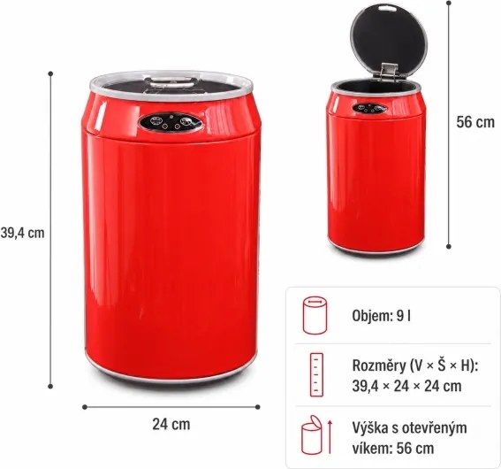 Bezdotykový odpadkový kôš 9l nápojová plechovka červená