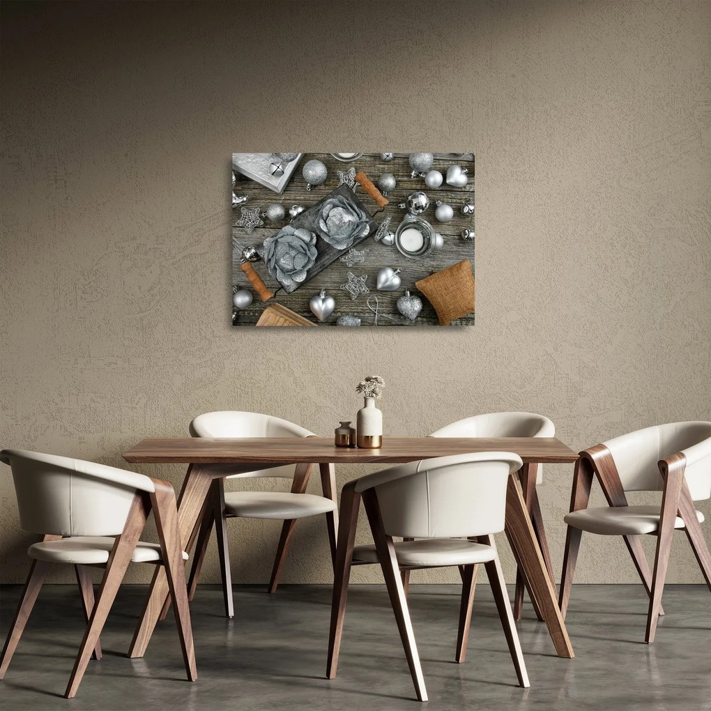 Sklenený obraz - strieborné vianočné dekorácie (70x50 cm)