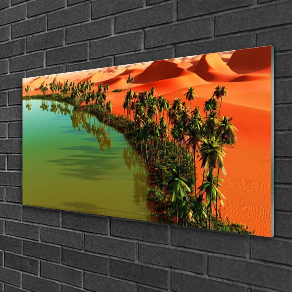 Skleneny obraz Jazero púšť palmy 125x50 cm