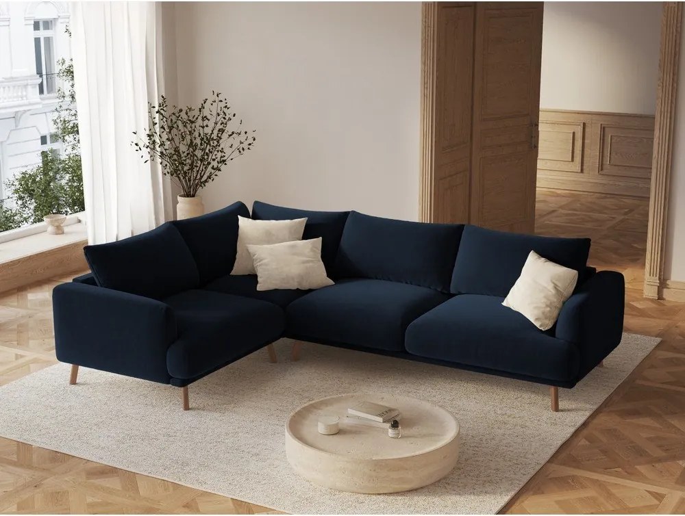 Tmavomodrá zamatová rohová pohovka (ľavý roh/do L) Naomi – Micadoni