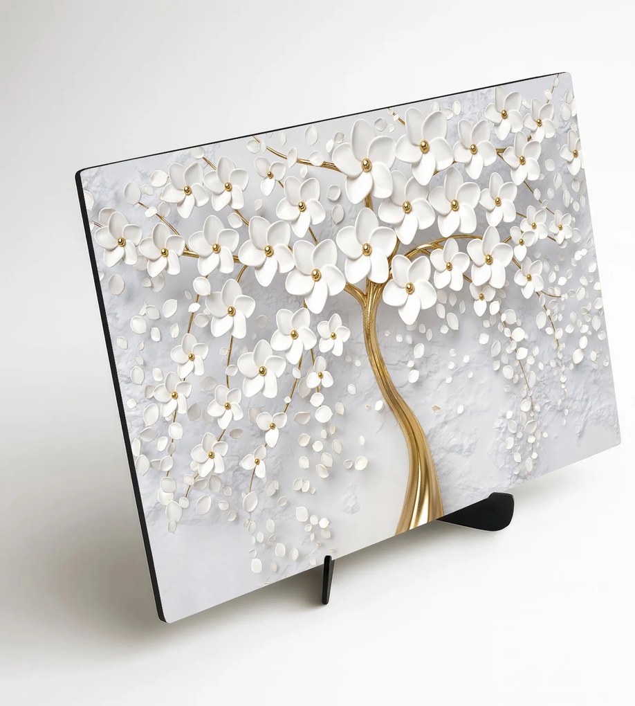 DUBLEZ | Drevený obraz - Zlatý strom s bielymi kvetmi