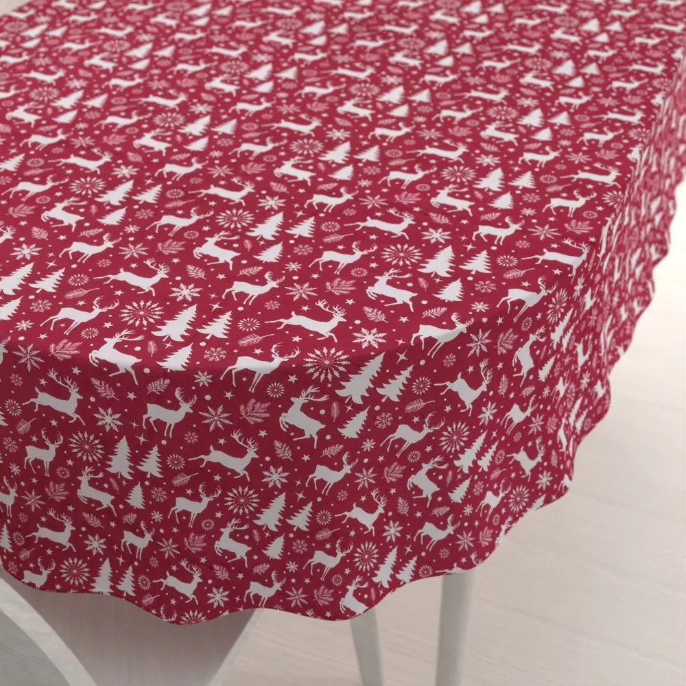 Biante Zamatový oválny obrus Tamara TMR-045 Vianočné jelene a stromčeky na červenom 60x100 cm
