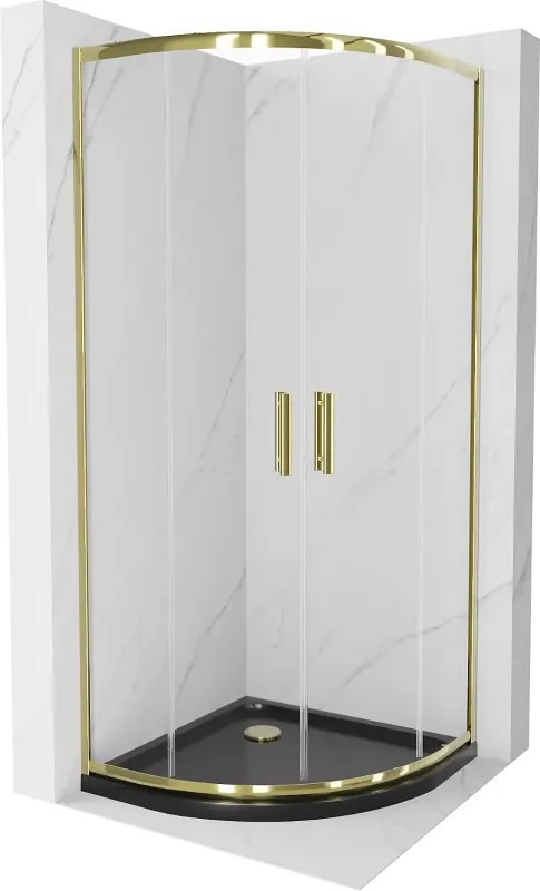 Mexen Rio, štvrťkruhový sprchovací kút s posuvnými dverami 80(dvere) x 80(dvere) x 190 cm, 6mm číre sklo, zlatý profil + čierna sprchová vanička SLIM, 863-080-080-50-00-4170G