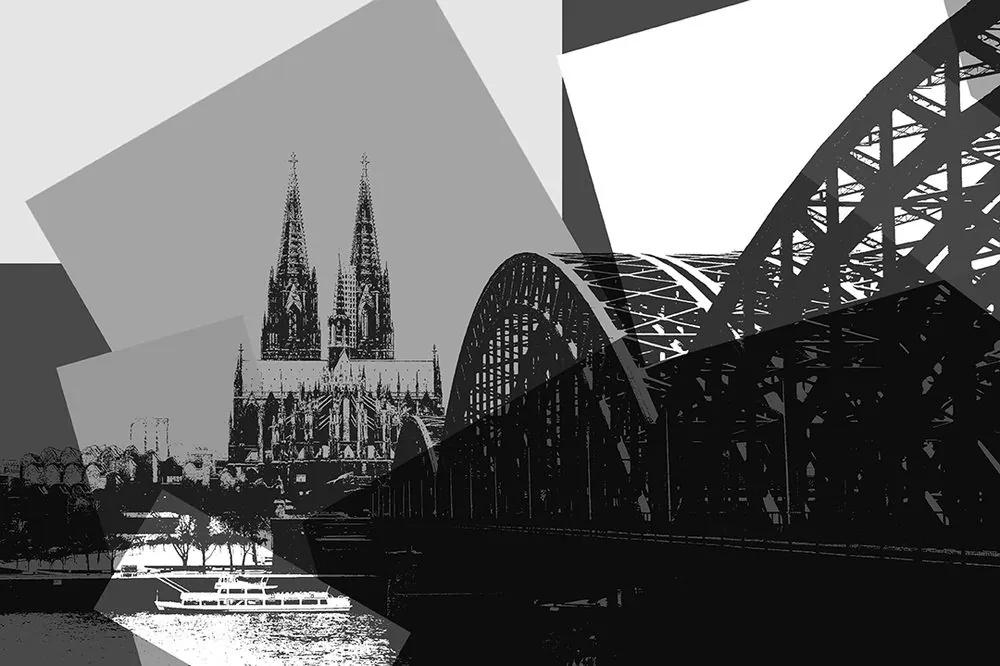 Samolepiaca tapeta čiernobiela ilustrácia mesta Kolín - 150x100