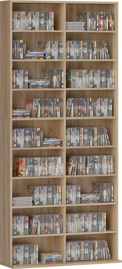 HOMCOM regál na CD, DVD a Blu-ray – až 640 CD / 360 DVD / 430 Blu-ray, nastaviteľné police, prírodný drevený dekor (78,5 x 24 x 175 cm) | Aosom