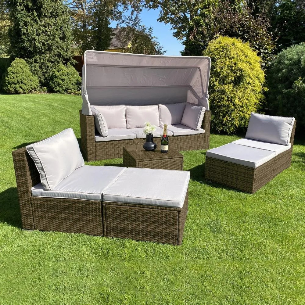 Ratanový sofa set so skladacou strieškou BELVEDERE - Hnedá / Sivá