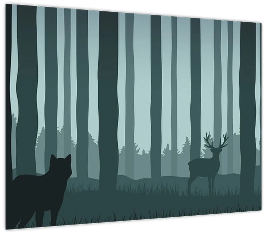 Sklenený obraz - Jeleň s vlkom v skalách (70x50 cm)