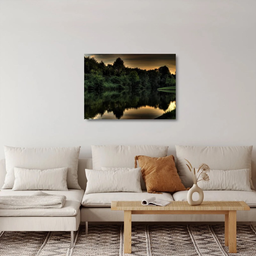Sklenený obraz jazera pri lese (70x50 cm)