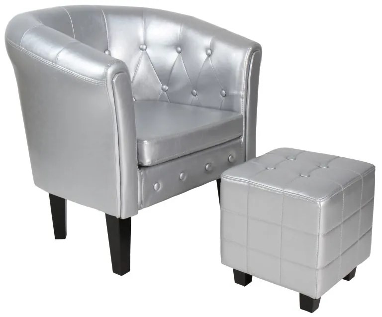 Klubové kreslo s taburetom Chesterfield, strieborné