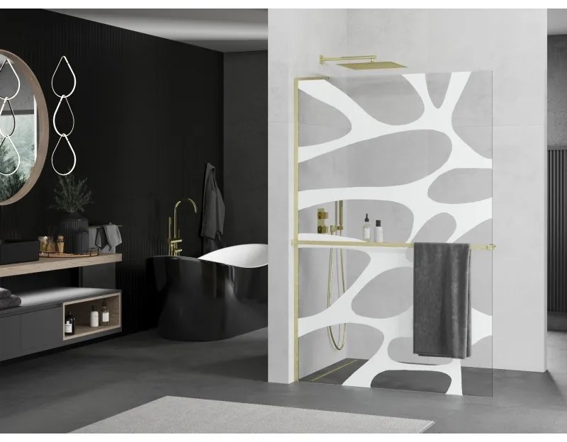 Mexen Kioto+ L, sprchová zástena Walk-In s poličkou a vešiakom 120 x 200 cm, 8mm číre sklo biely vzor, zlatý matný profil, 800-120-123-55-97