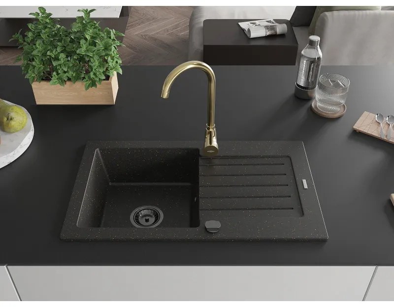 Mexen Pablo, granitový drez 752x436x161 mm, 1-komorový a zlatá batéria Telma, čierna-zlatá metalíza, 6510-75-670200-50-B