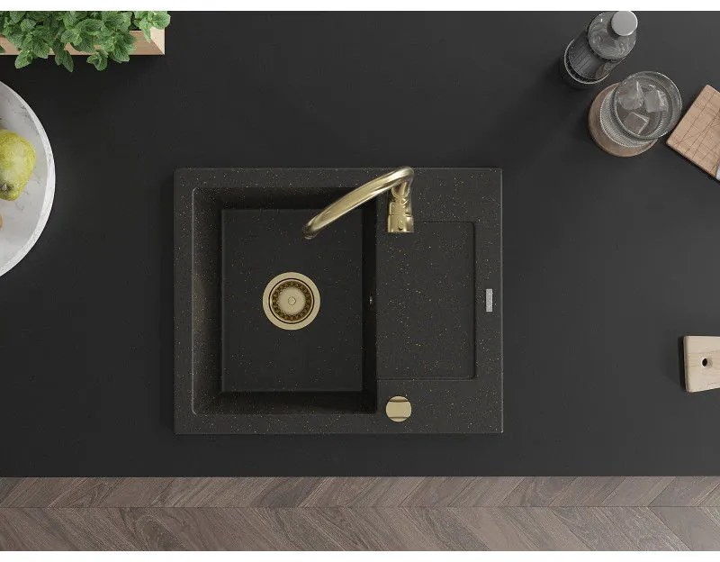 Mexen Enzo, granitový drez 576x465x174 mm, 1-komorový, čierna-zlatá metalíza so zlatým sifónom, 6506571005-75-G
